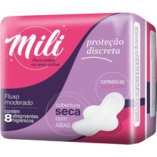 Absorvente Mili Proteção Discreta Fluxo Moderado Absorvente Suave com Abas 24 Unidades