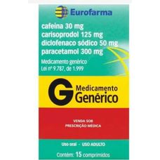 Carisoprodol+ Cafeina+ Diclofenaco Sódico+ Paracetamol Eurofarama com 15 comprimidos